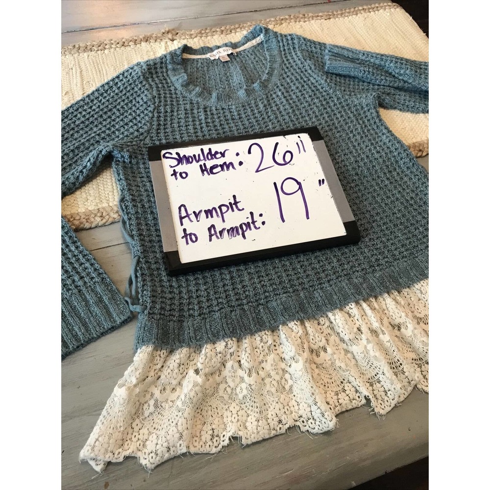 Knox Rose Blue Open Knit Lace Trim Long Sleeve Pullover Sweater Sz XL - Picture 5 of 7